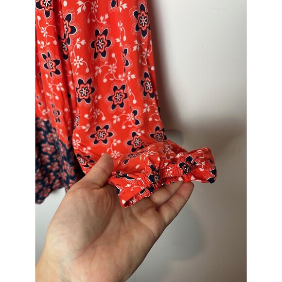 Boden Blouse Womens 14 Red Navy Floral Boho Peasant V Neck Long Sleeve Tunic - Picture 4 of 8